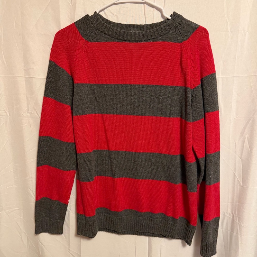 J. Khaki Red and Gray Striped Crewneck Sweater